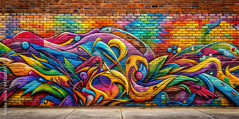Graffiti art painted on a brick street wall , urban, street art, vandalism, spray paint, defacement Graffiti art painted on a brick street wall , urban, street art, vandalism, spray paint, defacement