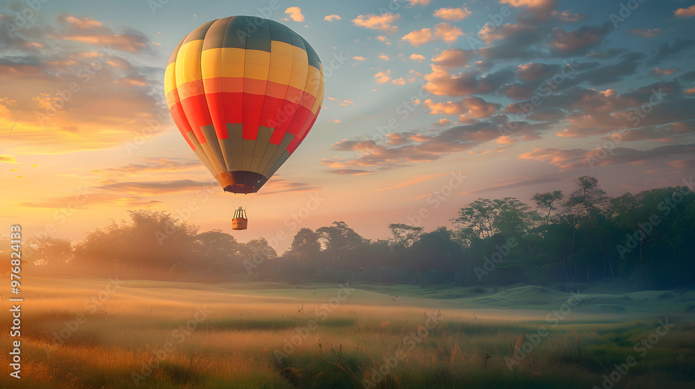 Naklejka premium Empty basket hot air balloon morning