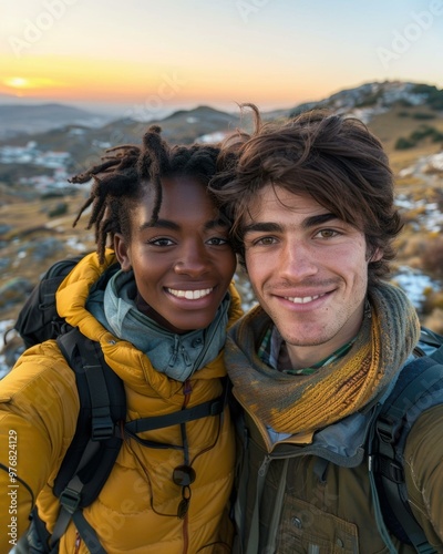 Smiling couple on a hike. AI.