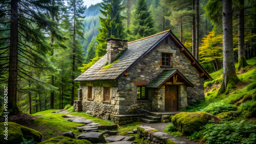 Rustic stone house nestled deep in the forest , secluded, remote, hidden, nature, tranquil, traditional, rustic, old