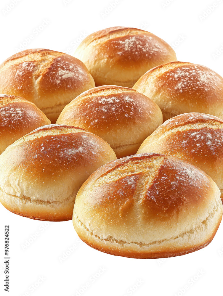 Eight soft bread rolls with golden tops arranged on transparent background. Eight soft bread rolls with golden tops arranged on transparent background.