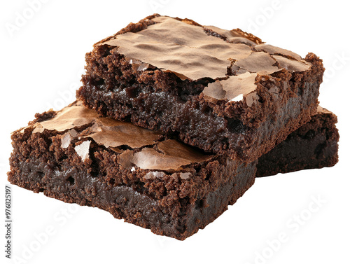 Three rich chocolate brownies with moist, gooey texture on transparent background. photo