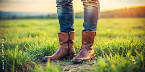 Person wearing brown leather boots standing in a grass field, footwear, fashion, outdoor, nature, style, adventure