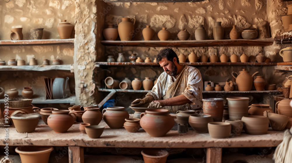 Attentive Man Shaping Clay on a Potter's Wheel in a Workshop Attentive Man Shaping Clay on a Potter's Wheel in a Workshop