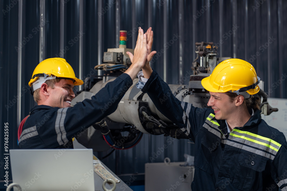 Fototapeta premium Engineer standing by robotic arm and operating machine in industry factory, technician worker check for repair maintenance electronic operation