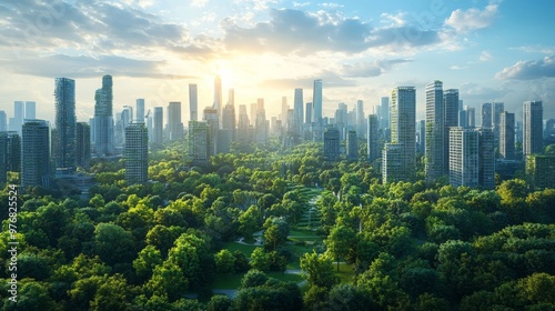 Green Cityscape Sustainable Urban Development with Lush Trees and Skyscrapers