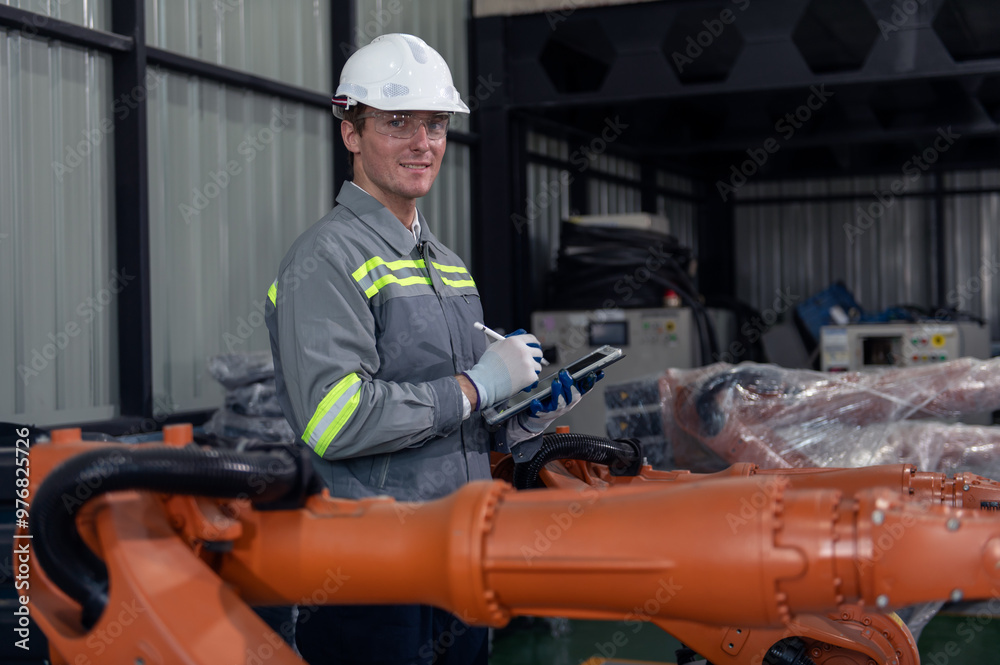 Engineer standing by robotic arm and operating machine in industry factory, technician worker check for repair maintenance electronic operation