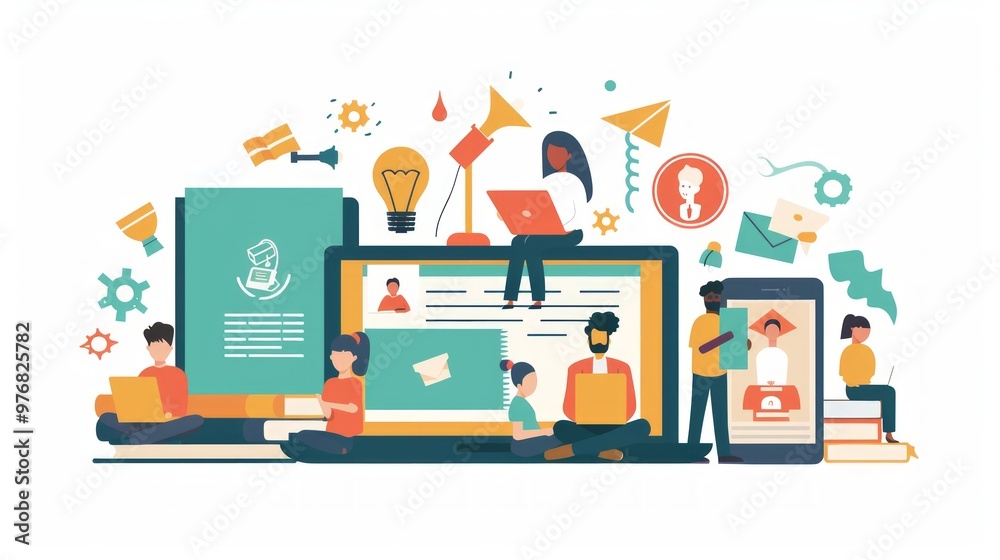 Create a vector flat illustration of online education, featuring students learning on laptops, tablets, and smartphones, with educational icons and symbols like books, diplomas, and lightbulbs.