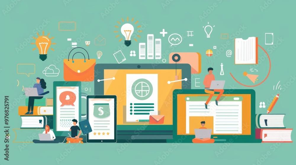 Create a vector flat illustration of online education, featuring students learning on laptops, tablets, and smartphones, with educational icons and symbols like books, diplomas, and lightbulbs. Create a vector flat illustration of online education, featuring students learning on laptops, tablets, and smartphones, with educational icons and symbols like books, diplomas, and lightbulbs.
