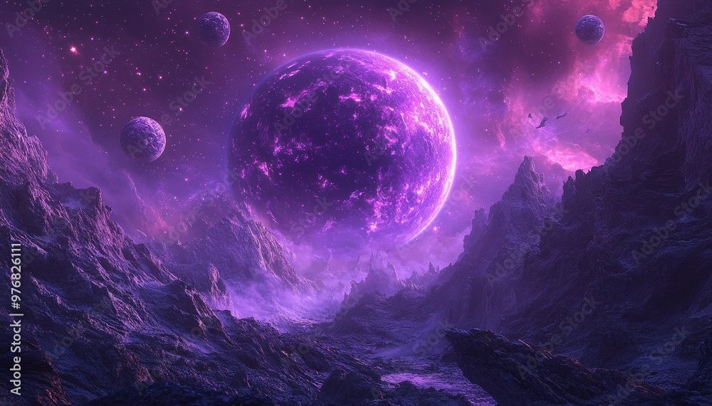 Obraz premium Enchanting Purple Planet in a Celestial Fantasy - Futuristic Space Scene with Copy Space for Text