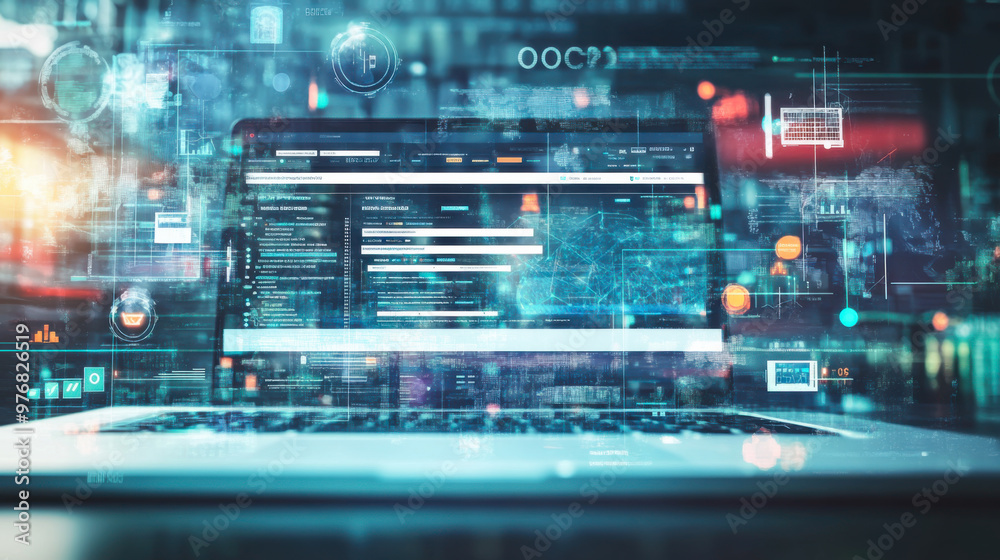 Colorful digital interface displaying complex data and analytics in a futuristic setting during nighttime Colorful digital interface displaying complex data and analytics in a futuristic setting during nighttime