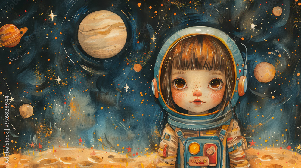 Whimsical Space Adventure - Cute Astronaut Child Exploring the Stars watercolor illustration Whimsical Space Adventure - Cute Astronaut Child Exploring the Stars watercolor illustration