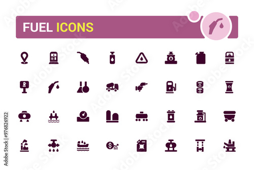 Fuel icons set. Oil pump and petrol icons with oil drop, tanker ship, glyph collection for web and ui. editable stroke. Solid icon set. Vector illustration.