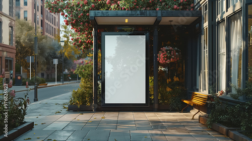 Advertisement on blank white poster at outdoor bus stop mockup