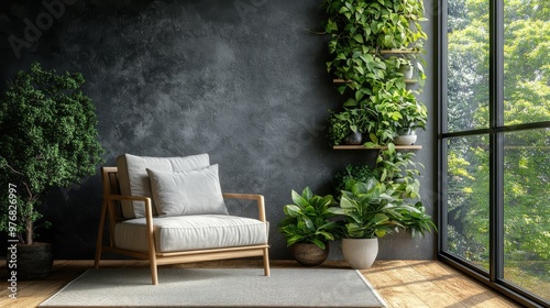 Modern Living Room Interior with Armchair  Plants and Window View © kriengsak