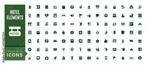 Hotel elements solid web icon set. Solid icons collection. glyph icon set for ui. Editable stroke. Filled icon set. Vector illustration.