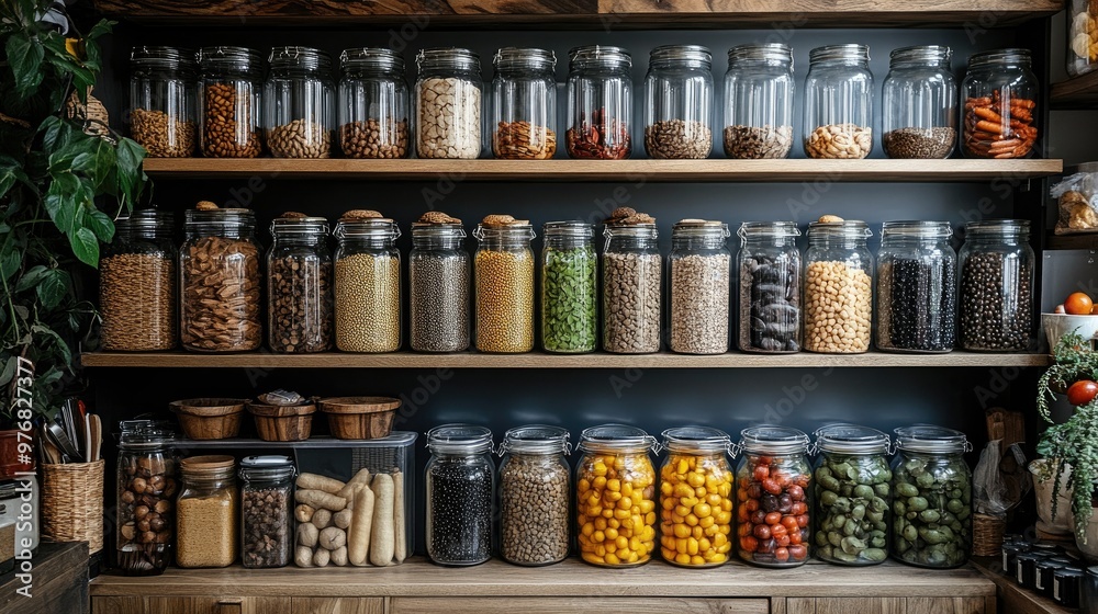 A neat and organized pantry with jars and containers A neat and organized pantry with jars and containers