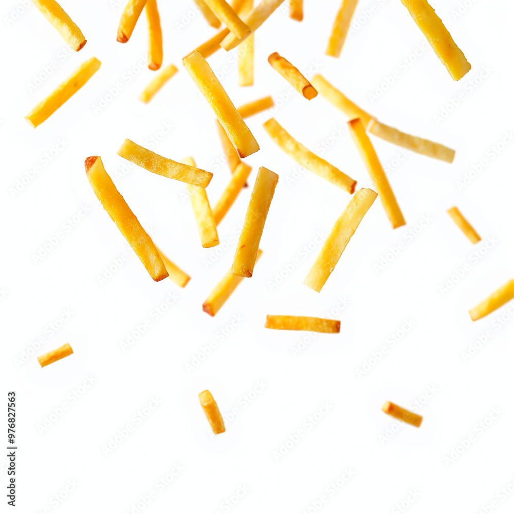 Golden French Fries Falling Against White Background Golden French Fries Falling Against White Background
