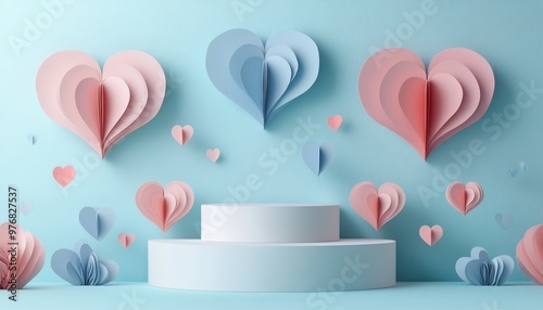 Romantic Pastel Paper Art Background with Heart Shapes on White Podium for Valentineâ€™s Day Greetings and Celebrations, Copy Space for Text