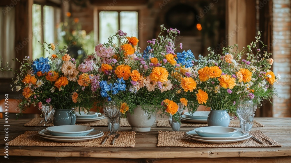 A wooden dining table with fresh flowers and placemats A wooden dining table with fresh flowers and placemats