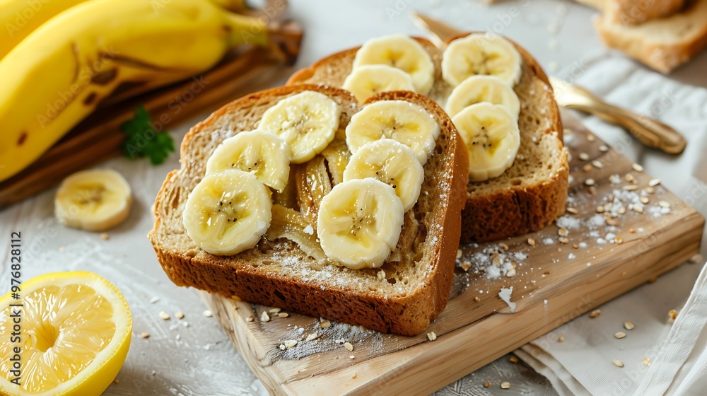 On a light kitchen background freshly cooked bread with slices of banana on top On a light kitchen background freshly cooked bread with slices of banana on top