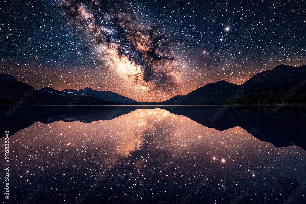 Mesmerizing Milky Way Reflected in Serene Mountain Lake at Dusk Mesmerizing Milky Way Reflected in Serene Mountain Lake at Dusk