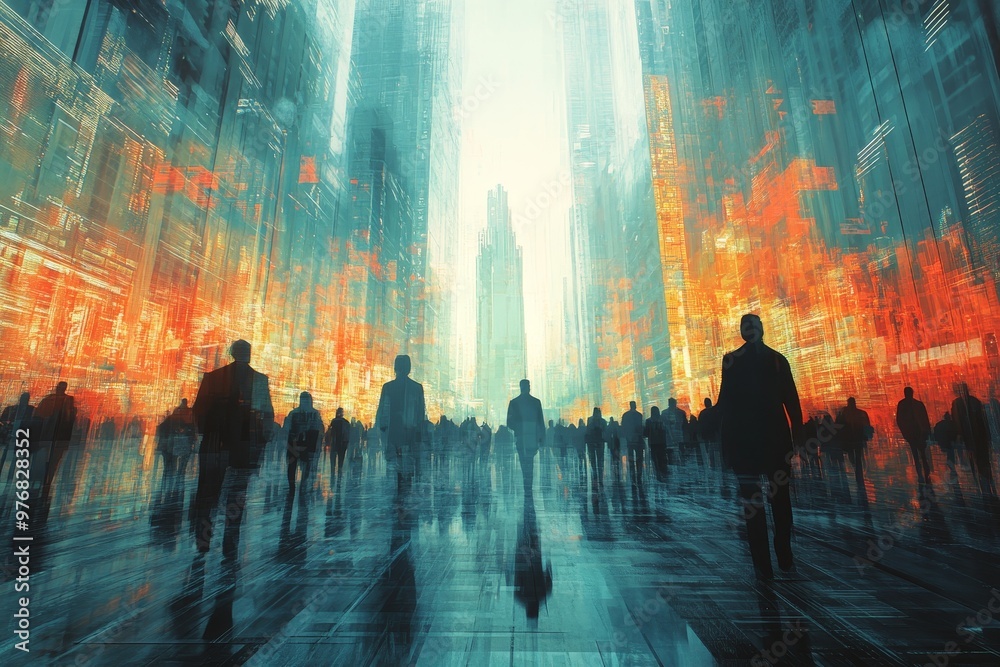 A futuristic concept art depicting a crowd of people walking through a city street, rendered in a digital art style to reflect a high-tech urban environment. ,copy space for text A futuristic concept art depicting a crowd of people walking through a city street, rendered in a digital art style to reflect a high-tech urban environment. ,copy space for text
