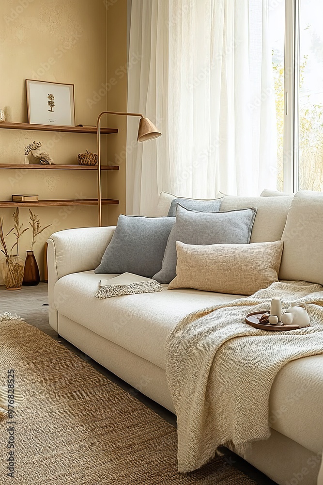 Minimalist Living Room with Cozy Beige Sofa and Soft Accents Minimalist Living Room with Cozy Beige Sofa and Soft Accents