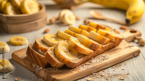 On a light kitchen background freshly cooked bread with slices of banana on top