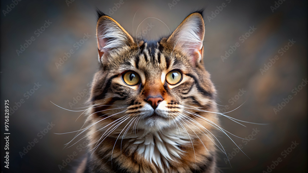 Fototapeta premium Close-up image of a majestic and curious cat , feline, whiskers, eyes, fur, cute, fluffy, pet, portrait, animal