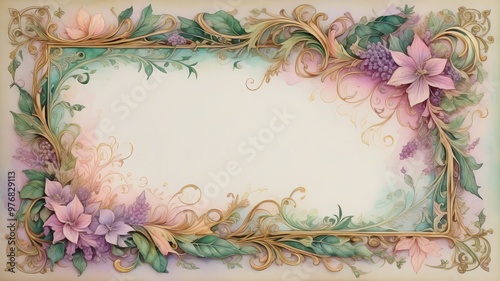 Vintage floral frame design for wedding invitation card with pink flower pattern and green leaf border photo