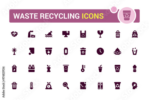 Set of recycling waste solid icons. Garbage disposal. Trash separation, filled icon set, Glyph icon set for web and ui. Editable stroke. Vector illustration.