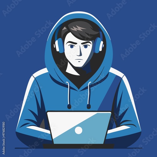 Male programmer with headphones and laptop photo