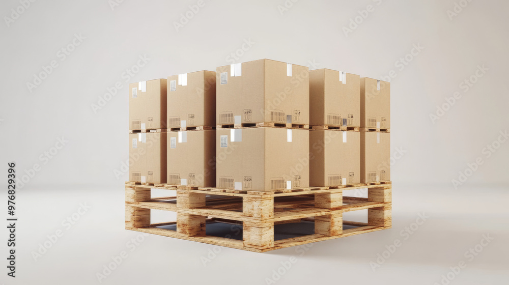 Several carton boxes are evenly stacked on a double-decked pallet in a 3D rendering, isolated against a white background. The arrangement highlights packaging and delivery processes, representing carg