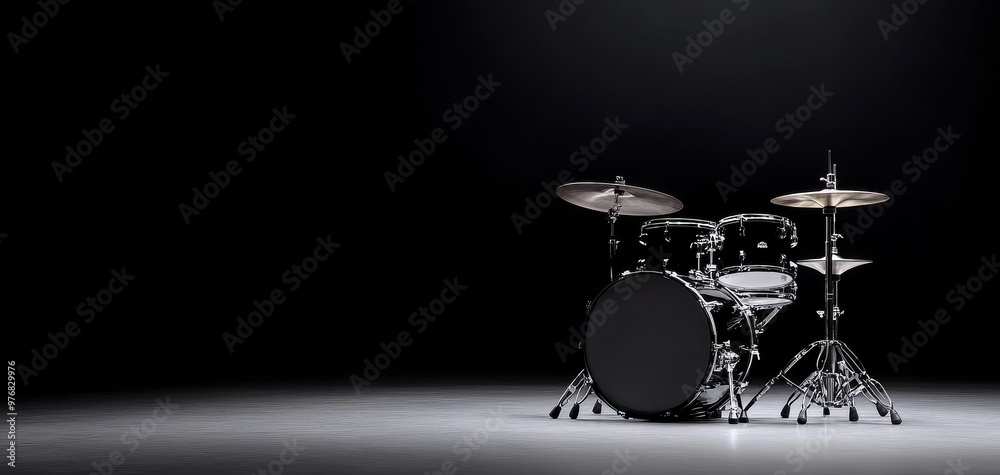 Classic black drum set under spotlight, low-key stage lighting, emphasizing chrome hardware and glossy drum shells, concert performance preparation, cinematic mood Classic black drum set under spotlight, low-key stage lighting, emphasizing chrome hardware and glossy drum shells, concert performance preparation, cinematic mood