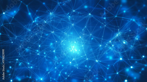 Abstract technology background featuring interconnected dots and lines against a blue geometric backdrop