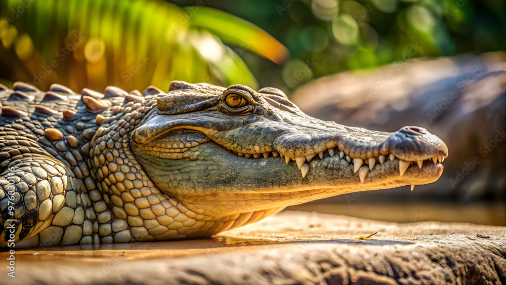 Obraz premium Close-up of an American crocodile basking in the sun , predator, reptile, wildlife, Florida, Everglades, scales, menacing