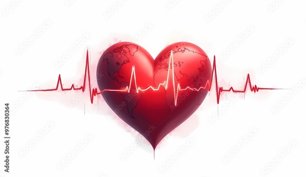 Heart with world map with heartbeat graph on white background. International Heart Day Concept Heart with world map with heartbeat graph on white background. International Heart Day Concept