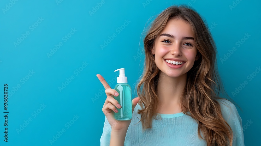 A young Caucasian woman, smiling, holds a mouthwash bottle, pointing to an inviting copy space against a cool blue backdrop. A young Caucasian woman, smiling, holds a mouthwash bottle, pointing to an inviting copy space against a cool blue backdrop.