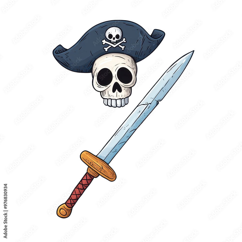 Fototapeta premium A whimsical pirate skull wearing a hat, accompanied by a gleaming sword, perfect for adventurous designs.