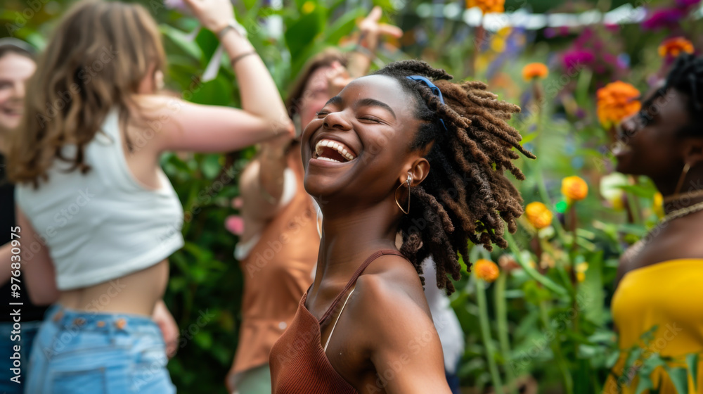 Fototapeta premium A group of friends celebrates joyfully in a colorful garden, dancing and laughing together under a sunny sky.