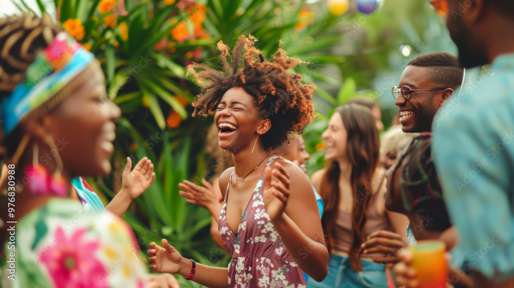 A group of friends celebrates joyfully in a colorful garden, dancing and laughing together under a sunny sky. A group of friends celebrates joyfully in a colorful garden, dancing and laughing together under a sunny sky.
