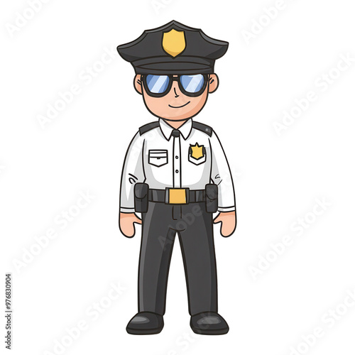 A cheerful cartoon police officer in uniform, wearing sunglasses, standing confidently with a badge and belt.