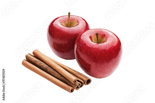 Two red apples accompanied by cinnamon sticks, perfect for seasonal recipes and culinary presentations. Fresh and vibrant. photo