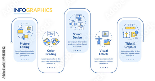 Movie post-production phase rectangle infographic vector. Video footage, color correction. Data visualization with 5 steps. Editable rectangular options chart. Lato-Bold, Regular fonts used