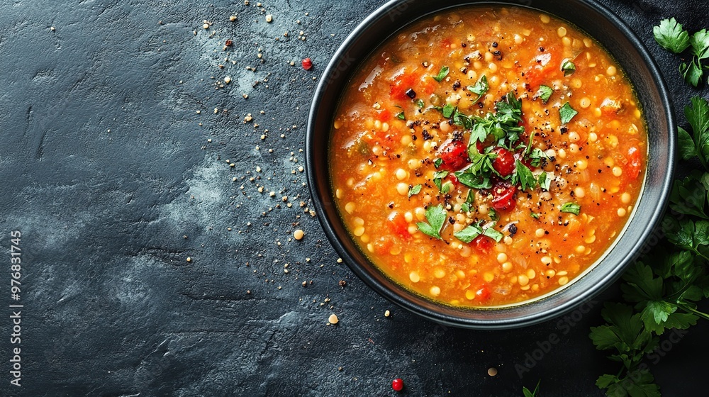 Lentil Soup in Black Bowl with Parsley Garnish Lentil Soup in Black Bowl with Parsley Garnish