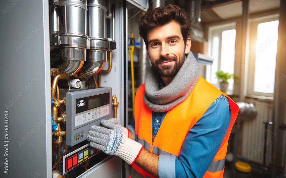 Professional engineer inspecting heating system in preparation for the winter season. He is performing a safety and efficiency checkup to ensure the system is functioning optimally and safely