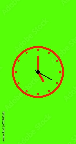Animation time lapse of a clock. Red clock hands on green clock face. Time pointer ticks in 12 hour time loop. Concept Wall clock on green background with copy space. Countdown the day. Vertical