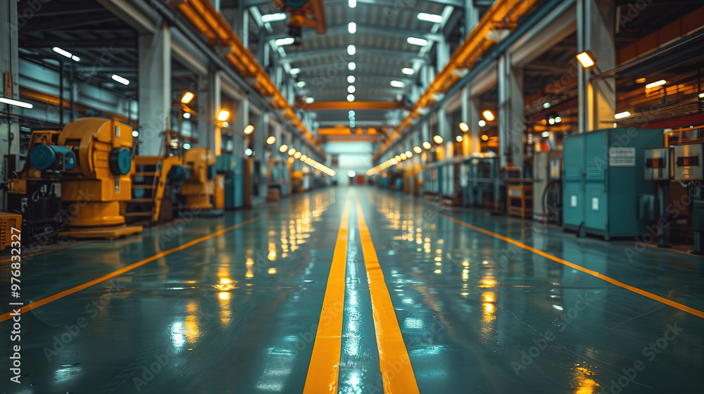 A large, spacious factory or warehouse with a highly polished floor, featuring clear yellow lines, machinery, and equipment along the sides. A large, spacious factory or warehouse with a highly polished floor, featuring clear yellow lines, machinery, and equipment along the sides.