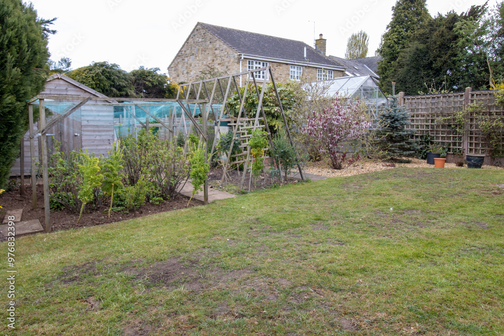 Photo of a typical British garden showing home grown fruit and vegetables being grown in the UK garden